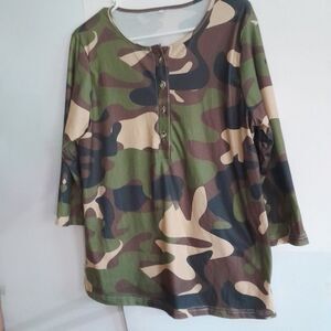 Women Floral Pullover Long Sleeves 4 Frontal Buttons, Round Neck, Large, Brown